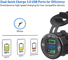 Разъем USB QC3.0 (2 порта, быстрая зарядка, вольтметр, красный)