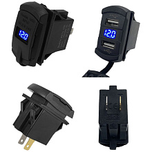 Разъем USB 2А (2 порта, быстрая зарядка QC3.0, вольтметр, синяя подсв.)