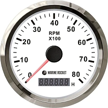 Тахометр 0-8000 об/мин со счетчиком моточасов делитель 0.5-250 нерж. ободок, д. 85 мм.