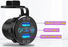 Разъем USB QC3.0 + PD (3 порта, быстрая зарядка, синяя подсветка, выключатель)