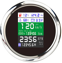 Прибор 6 в 1 (GPS спидометр, тахометр, вольтметр, датчик уровня топлива, датчик давления масла, датчик темп. воды), чер., нерж. ободок, д. 85 мм.