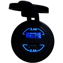 Разъем USB 2.4А + Type-C 2.4А (синяя подсветка)
