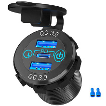 Разъем USB QC3.0 + PD (3 порта, быстрая зарядка, синяя подсветка, выключатель)