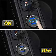 Разъем USB QC3.0 + PD (3 порта, быстрая зарядка, синяя подсветка, выключатель)