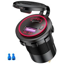 Разъем USB QC3.0 + PD (2 порта, быстрая зарядка, красная подсветка, выключатель)