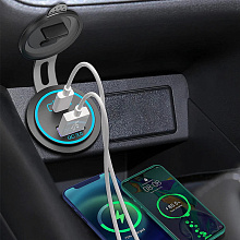 Разъем USB QC3.0 + PD (2 порта, быстрая зарядка, красная подсветка, выключатель)