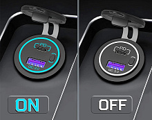 Разъем USB QC3.0 + PD (2 порта, быстрая зарядка, синяя подсветка, выключатель)