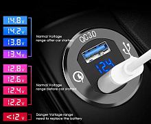 Разъем USB QC3.0 (2 порта, быстрая зарядка, вольтметр, черный)