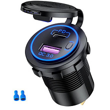 Разъем USB QC3.0 + PD (2 порта, быстрая зарядка, синяя подсветка, выключатель)